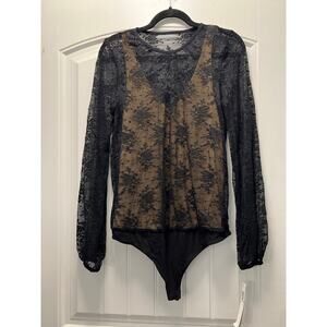 NWT Aqua Women’s Sheer Mesh Stretch Long Sleeve Sexy Bodysuit Size S Black Beige